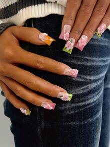 10片装Y2K风鸭嘴美甲贴片套装 - 手工制作，包含黄色美甲贴片、绿色美甲贴片、绿粉渐变法式美甲贴片、手工3D花朵美甲贴片、3D粉色花朵美甲贴片、手绘白色花枝绿叶图案美甲贴片 - 彩色 - 查看 3
