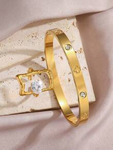 Juego de pulsera de trébol de cuatro hojas de lujo con diamante de imitación + anillo cuadrado con diamante, joyería chapada en oro, uso en capas para el ambiente de viaje y diario, anillo de dedo versátil - Dorado - Ver 3