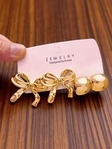 4/8 pares de juego de aretes dorados | Diseño coreano | y aretes atemporales con moño, floral y geométrico | Colección de tono dorado lujosa Eleva tu look con estos versátiles aretes dorados perfectos para el brunch, la cita nocturna y el estilo de oficina - Dorado - Ver 5