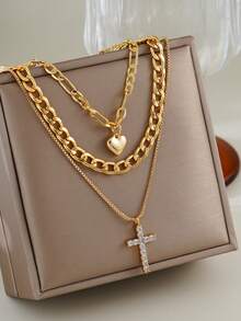 3件套优雅立方氧化锆十字架和心形吊坠多层项链，适合女性日常佩戴、约会、派对等场合。 - 金黃色 - 查看 2