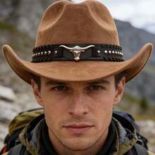 Sombrero vaquero clásico de ala ancha, con correa de hebilla ajustable y remaches marrones, adecuado para fiestas vaqueras, rodeos y festivales de música. - Multicolor - Ver 7