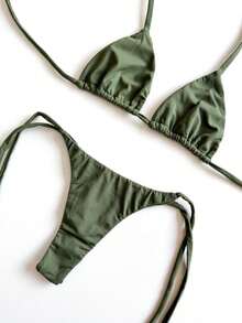 String Bikini With Micro Thong Bottom For Tan Lines - Elegant Tie-Back Closure, Perfect For Vacation Or Beach. - Army Green - View 1