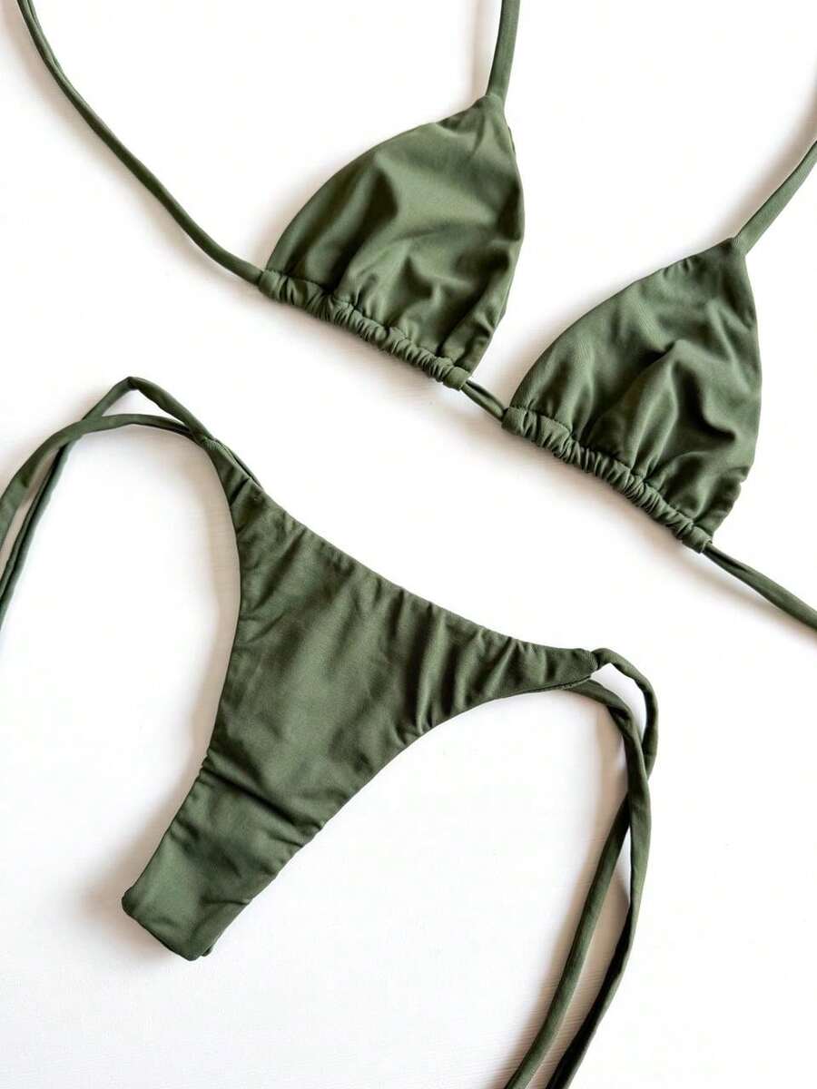 String Bikini With Micro Thong Bottom For Tan Lines - Elegant Tie-Back Closure, Perfect For Vacation Or Beach. - Army Green - View 1