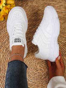 Women's White British Style Lace-Up Sneakers, Round Toe Low-Top Thick Sole Slip-Resistant Casual Shoes, Fashion Breathable Chunky Sneakers For Students - White - View 2