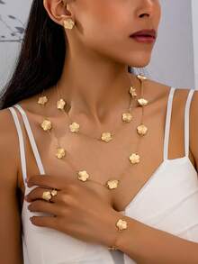 Set 6 buah Kalung, Gelang, Cincin, dan Anting Motif Daun Semanggi Minimalis Retro Elegan, Cocok untuk Pemakaian Sehari-hari - Yellow Gold - View 10