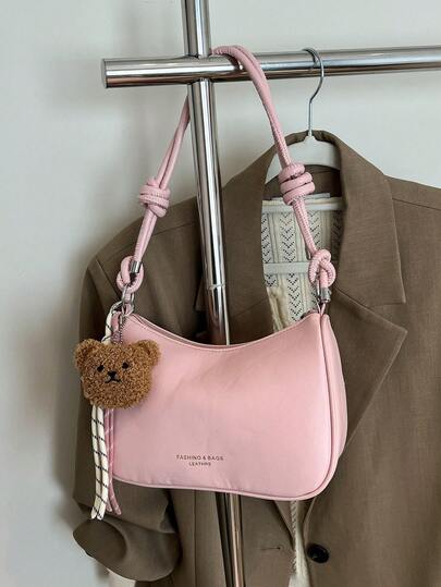 Solid Color Niche Design Minimalist Textured Fashion Dumpling Bag New Stylish Versatile Bear Pendant Shoulder/Underarm/Crossbody Bag
