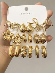 6/18pcs Fashionable Earring Set, Featuring Everlasting Flower, Water Drop, Small C-Shape, Five-Petal Flower, Butterfly Designs, Suitable For Daily And Holiday Wear. Made Of ABS Resin With UV Plated Non-Fading Gold Finish - Gold - View 7