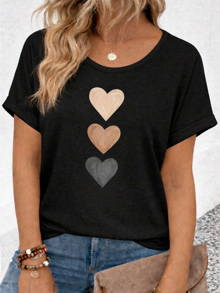 Camiseta Feminina Fofa Premium Camisa 100% Algodão Blusas Femininas Coração T-shirt - Preto - Visão 1