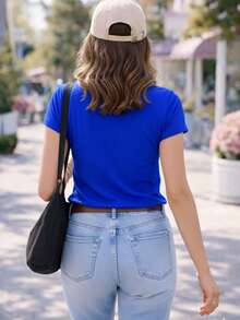 Camiseta Baby Look Coraçõezinhos Camisa Feminina Algodão Confortável - Azul - Visão 2