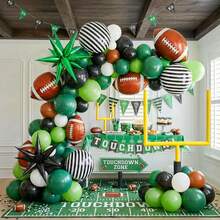 This 115-Piece Olive Football Balloon Arch Set Includes Dark Green, Brown, And Black Balloons, As Well As Exploding Stars, Rugby Balls, And Striped Foil Balloons. It's Perfect For Decorating Sports-Themed Birthday Parties, Touchdowns, Birthday Parties, Baby Christenings, Gender Reassignments, Pre-Game Parties, And More. - View 1