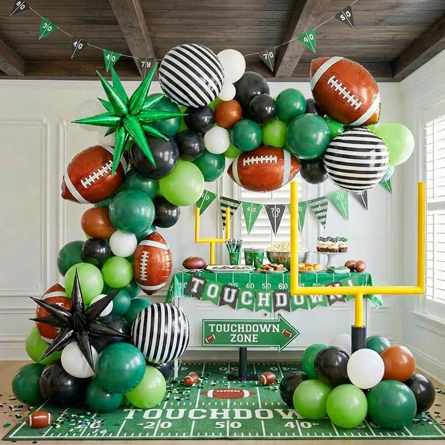 This 115-Piece Olive Football Balloon Arch Set Includes Dark Green, Brown, And Black Balloons, As Well As Exploding Stars, Rugby Balls, And Striped Foil Balloons. It's Perfect For Decorating Sports-Themed Birthday Parties, Touchdowns, Birthday Parties, Baby Christenings, Gender Reassignments, Pre-Game Parties, And More. - View 1