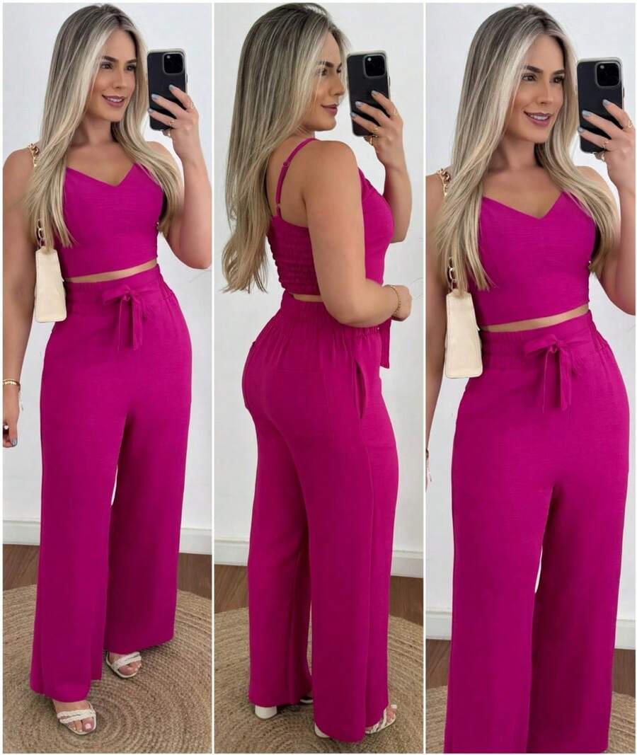 Women's Set: Wide-Leg Pants And Cropped Top With Padded Cups And Adjustable Straps. Available In Autumn/Winter Colors. - Rose Red - View 1