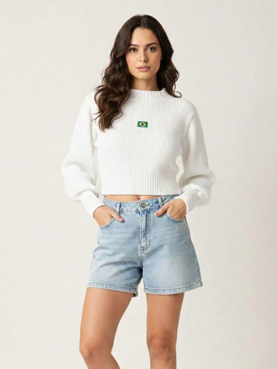 Cropped Blouse BRAZIL HEXA Puff Sleeve Knit Winter Fashion Blogger Style Knit Fabric Pocket Knit Women's Fashion - 白色 - 查看 1