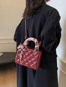 Bolso de mano de piel de poliuretano de unicolor con patrón de rombos y decoración de colgante, bolso de hombro elegante multifuncional para dama, bolso de moda, bolso chic para oficina, trabajo y negocios - Burdeos - Ver 9