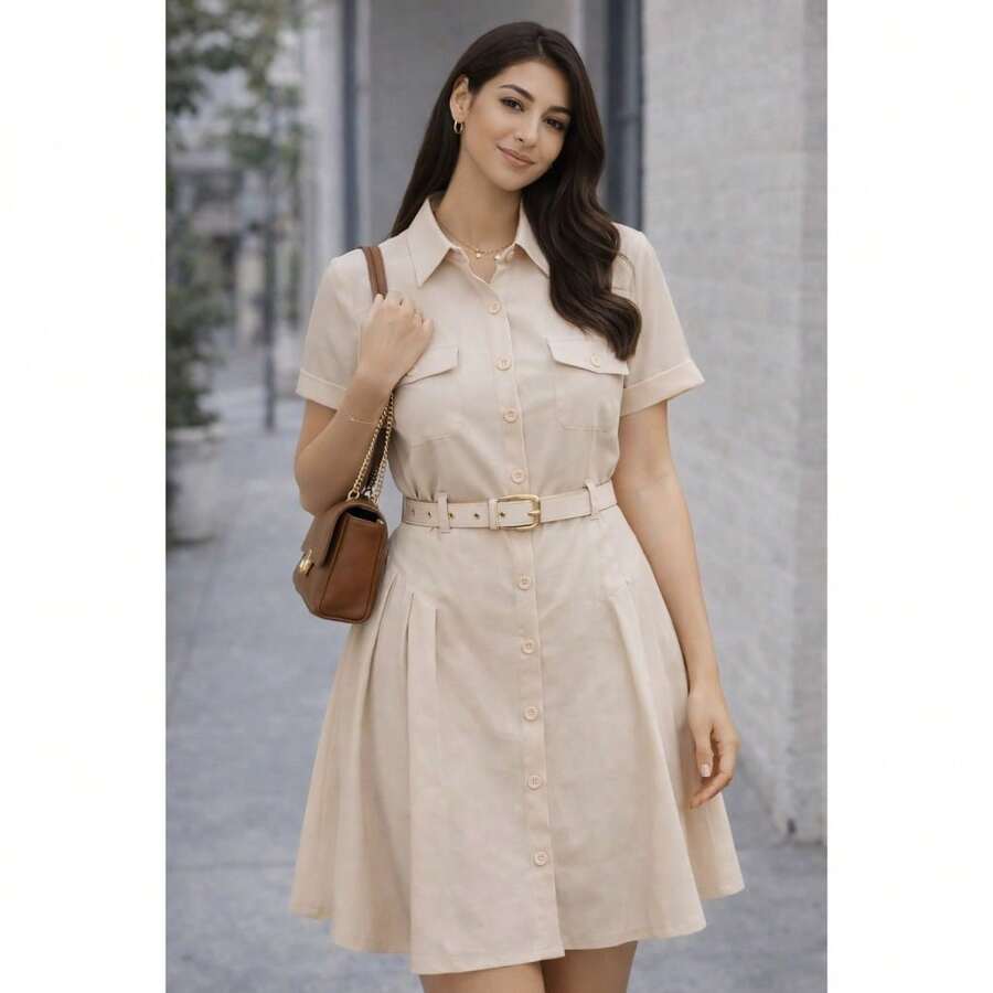 Women's Short-Sleeve Shirt Dress With Buttons And Belt - Casual And Elegant - 米色 - 查看 1