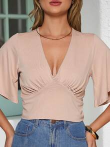 Women's Social Cropped Blouse V-Neck Wide Sleeve - 米色 - 查看 3