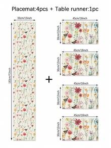 1/4/5/6/7件套春夏花卉蝴蝶装饰套装，精美家居装饰，适用于客厅、卧室、餐厅，亚麻质感材质，多种尺寸可选，餐桌装饰，壁炉围巾，餐垫，杯垫 - 彩色 - 查看 18