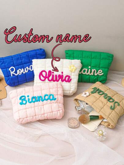 Personalized Floral Name Quilted Makeup Bag, Customized Bridesmaid Name Makeup Bag, Bridesmaid Gift, Bachelor/Bachelorette Party Gift, Powder Puff Makeup Bag, Travel Makeup Bag