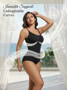 1 pieza Body sin mangas con cuello en V para mujer, control de abdomen y levantamiento de glúteos, alta elasticidad - Negro - Ver 5