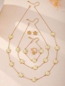 Set 6 buah Kalung, Gelang, Cincin, dan Anting Motif Daun Semanggi Minimalis Retro Elegan, Cocok untuk Pemakaian Sehari-hari - Yellow Gold - View 9