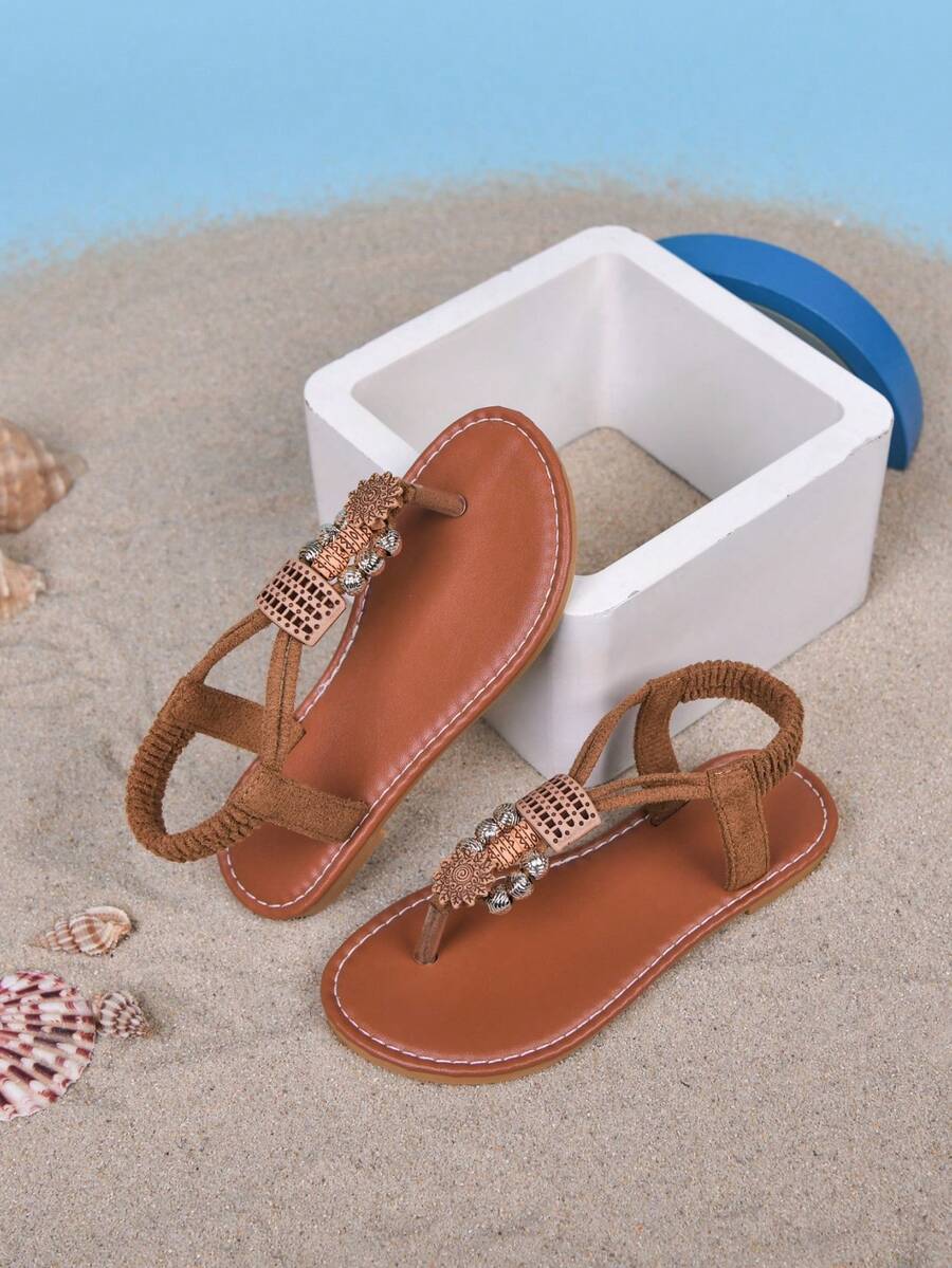 2026 Summer Girls' Flat Sandals With Adjustable Toe And Heel Straps, Fashion Kids Sandals With Rhinestone Elastic Bands, Girls' Slip-On Beach Shoes, Bohemian Style, Suitable For Summer Wear - Brown - View 1