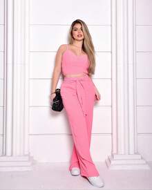 Women's Set: Wide-Leg Pants And Cropped Top With Padded Cups And Adjustable Straps. Available In Autumn/Winter Colors. - Pink - View 2