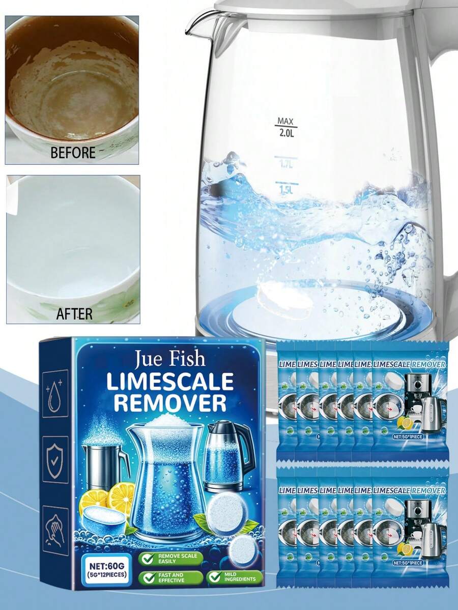 JUE FISH Limescale Cleaning Effervescent Tablets, Quickly Dissolve Stubborn Limescale, Easily Remove Difficult-To-Clean Limescale Stains In Kitchen, Bathroom, And More