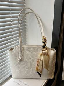 1 Peça Bolsa de Ombro Sólida Estampada Moda Feminina para Transporte, Bolsa de Ombro Versátil Portátil de Grande Capacidade, Adequada para Encontros, Compras, Passeios, Viagens, Acompanhada de Lenço - Branco - Visão 1