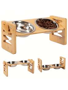 Soporte ajustable de bambú y madera para tazones de mascotas con tazones duales, comedero para perros y gatos que protege el cuello - multicolor - Ver 7