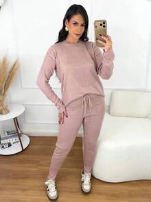 Women's Ribbed Knit Set: Mullet Blouse With Long Sleeves, Sweatshirt Set, Sweater, And Jogger Pants With Drawstring Cuffs - Winter Look - 乾枯玫瑰色 - 查看 3