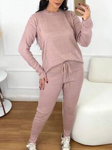 Women's Ribbed Knit Set: Mullet Blouse With Long Sleeves, Sweatshirt Set, Sweater, And Jogger Pants With Drawstring Cuffs - Winter Look - 乾枯玫瑰色 - 查看 6