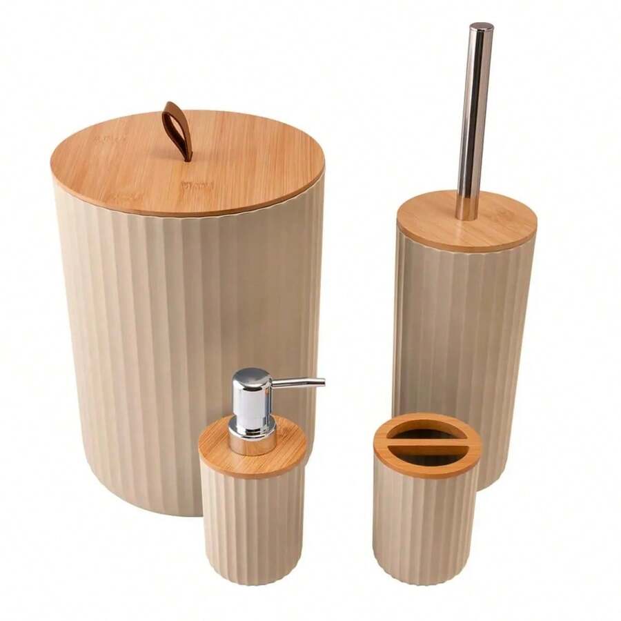 Luxury 4-Piece Bathroom Set With Bamboo Lid And Toothbrush Holder - Màu be - Xem 1