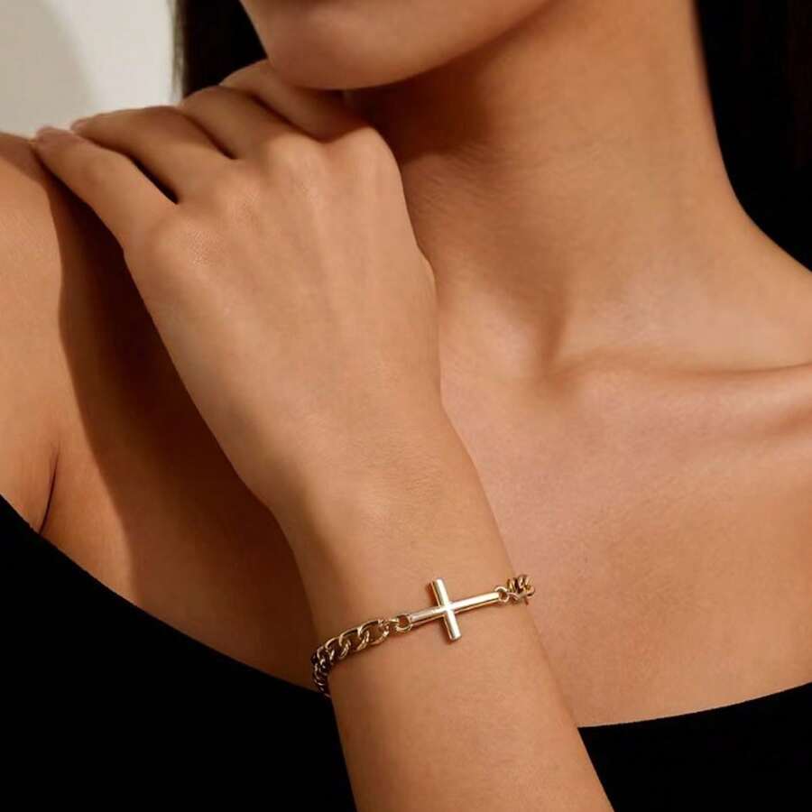 1 pieza Pulsera de cadena con cuentas y cruz de metal en estilo bohemio, apta para hombres y mujeres - Elemento cruzado - Ver 1