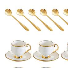 18 Pcs Ceramic Coffee Cup And Saucer Set (6 Cups, 6 Saucers, 6 Spoons) Tea Cup - White + Gold - View 4