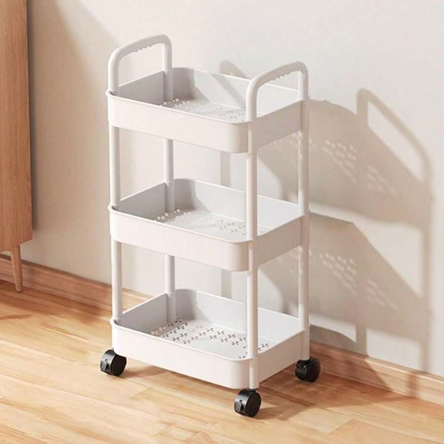 3 - Tier Rolling Storage Cart With Wheels, Multi - Layer Utility Trolley Organizer With Perforated Shelves For Bathroom, Kitchen, Office, Bedroom, Easy To Move And Assemble - trắng - Xem 1