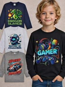 Set Of 4 Long-Sleeved Boys' T-Shirts With Fun Prints - School T-Shirts For Spring, Summer, And Autumn - 彩色 - 查看 2