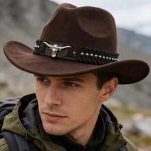 Sombrero vaquero clásico de ala ancha, con correa de hebilla ajustable y remaches marrones, adecuado para fiestas vaqueras, rodeos y festivales de música. - Multicolor - Ver 9