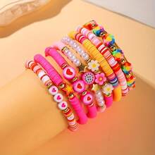 8-Piece Set Of Sweet And Cute Pink Multi-Layered Soft Clay Bracelets With Floral And Heart Motifs, Suitable For Valentine's Day, Women's Music Festivals, And Parties - 粉色 - 查看 6