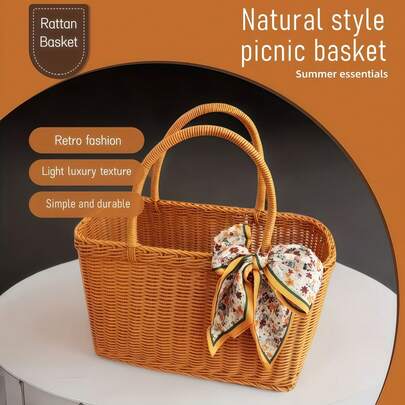 1个小/大号藤编外观储物篮，花篮购物篮，藤编外观手提篮，储物箱，露营户外储物篮，便携式藤编外观储物篮购物篮，复古储物篮 - 手提篮，手工编织藤编外观购物篮，置物篮