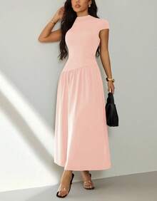 Women's Long Dress With High Neck, Short Sleeves, Loose Fit, Evangelical/Formal Fashion - Màu Hồng baby - Xem 1