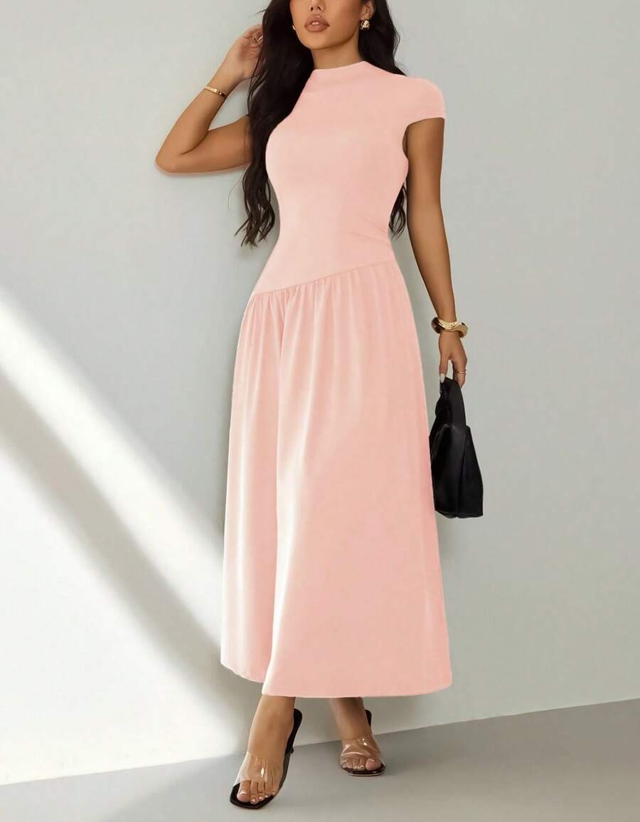 Women's Long Dress With High Neck, Short Sleeves, Loose Fit, Evangelical/Formal Fashion - Màu Hồng baby - Xem 1