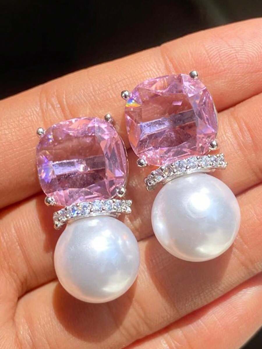 1 par de pendientes de gota con circonita cúbica y perla falsa de lujo para mujeres, para boda, compromiso, aniversario, fiesta, joyería, regalo del Día de San Valentín - 1# - Ver 1