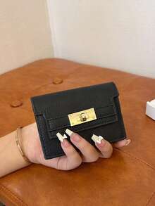 Women's Fashion Litchi Grain Lock Closure Short Multi-Card Slot Clutch Wallet - Black - View 5
