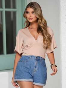 Women's Social Cropped Blouse V-Neck Wide Sleeve - 米色 - 查看 5