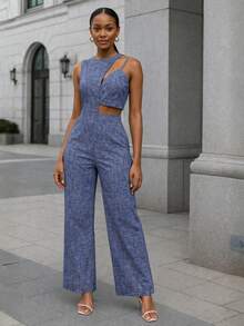 ZAVIA Macacão Design Elegante Moderno Alfaiataria Com Recortes - Jeans Mesclado - Visão 3