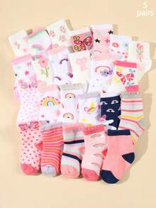 5 Pairs Baby Soft & Comfortable Crew Socks With Heart, Butterfly, Floral, Stripe, Star, Dot Patterns, Random Styles, Random Delivery - Multicolor - View 5