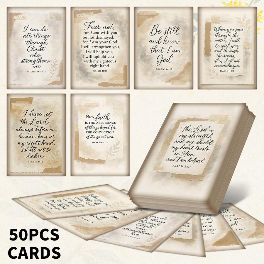 50张圣经经文短语闪卡，基督教经文卡片套装，复古简约设计，包含经文鼓励、激励和启发短语，是送给男士、女士和教会成员的完美礼物，基督教圣经礼物，生日礼物，礼品卡，2.52*3.5英寸 - A - 查看 1