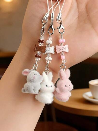 1/2/3 Pcs Flocked Resin Candy Bunny Lanyard, Handmade Beaded DIY Ins-Style Keychain, Cute Pendant Bag Decoration, Easter & Christmas Gifts, Souvenirs, Suitable For Party Favors