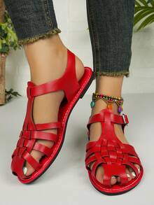 新款编织复古猪笼凉鞋，女士夏季平底时尚百搭 - 紅色 - 查看 11
