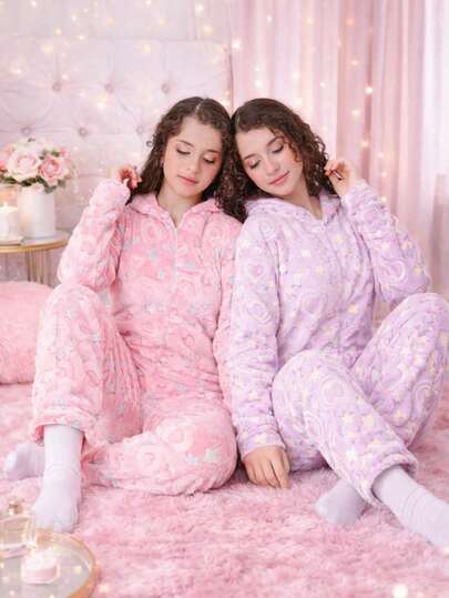 Pijama Infantil Macacão de Inverno Plush Estampado com Capuz e Zíper Quentinho Estampa variedades